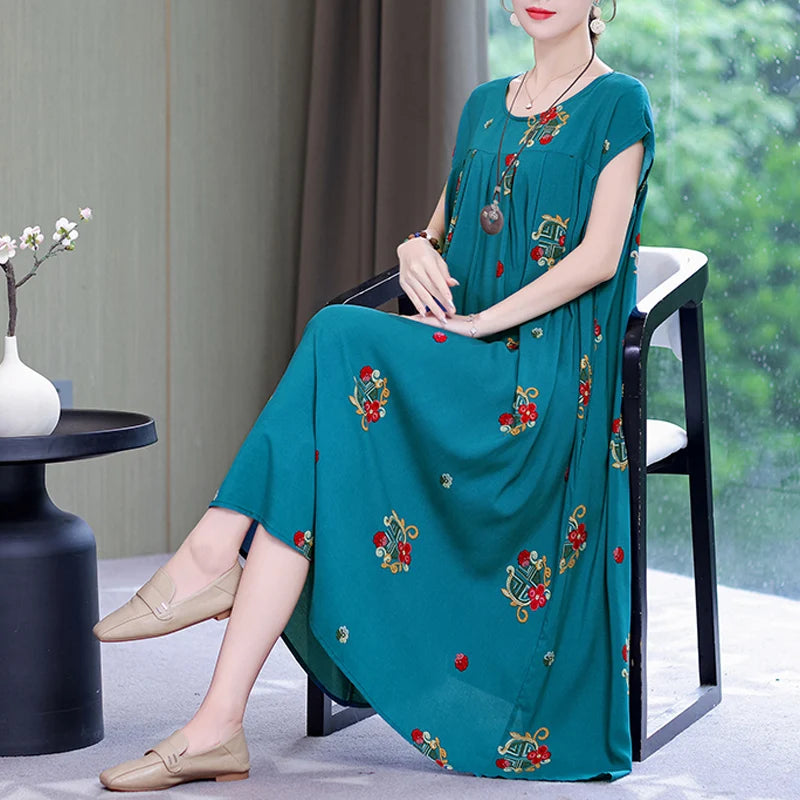 Women's Plus Size Summer Dress - Loose O-Neck Cotton Print Dress