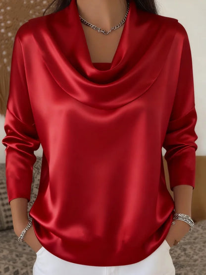 Women's Satin Swing Collar Shirt - Versatile Long Sleeve Blouse