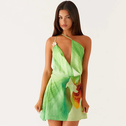 Women's One-Shoulder Printed Mini Dress - Beach Vacation High Waist Dress