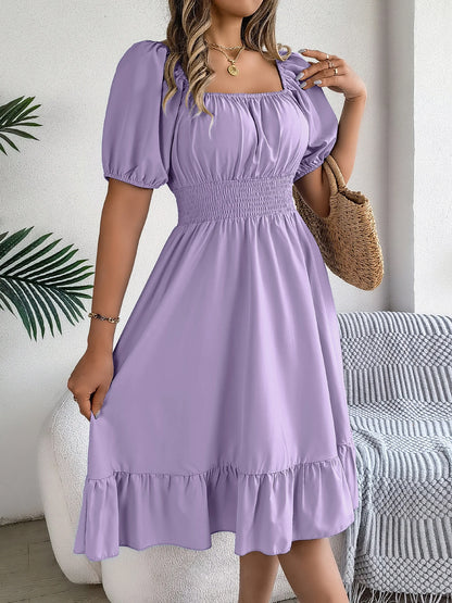 Women's Square Neck Maxi Dress - High Waist Ruffled Short Sleeve Dress