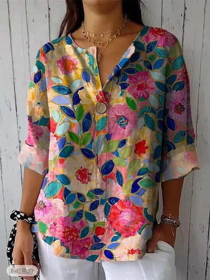 Women's Floral V-Neck Button Top - Casual Three Quarter Sleeve Blouse