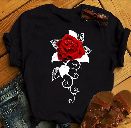 Women's 3D Rose Print T-Shirt - Casual Summer Cotton Top