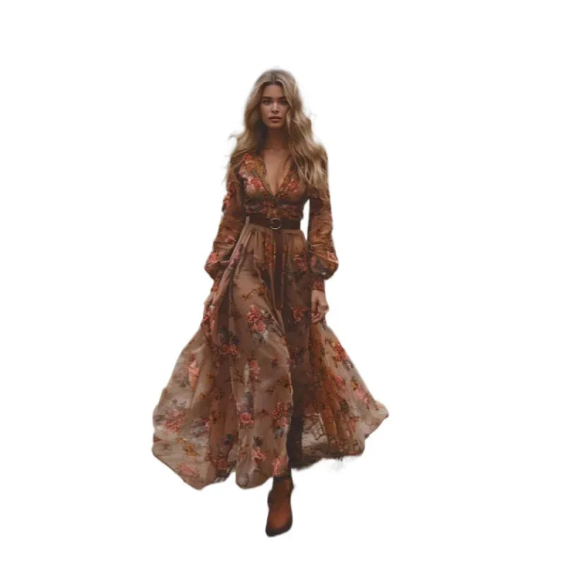 Women's Bohemian Ethnic Print Beach Dress - Vacation Maxi Dress