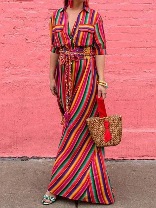 Women's Striped Maxi Dress - Bohemian Button-Front Beach Dress