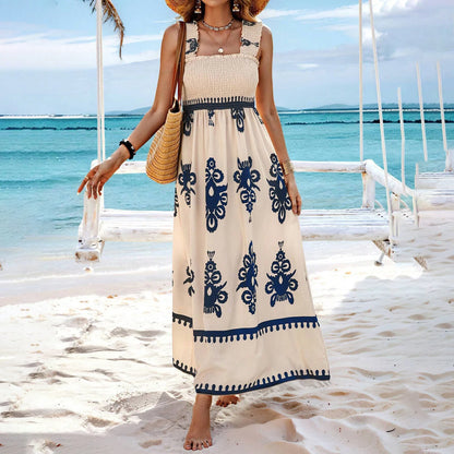 Women's Ethnic Print Sling Maxi Dress - Tropical Sleeveless Summer Dress