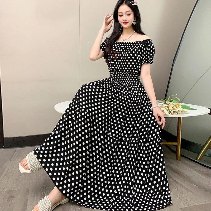 Bohemian Long Dress Summer Fashion One-Shoulder Floral Cotton Silk Elastic Waist Beach Skirt Vintage Ethnic Style Short Sleeve