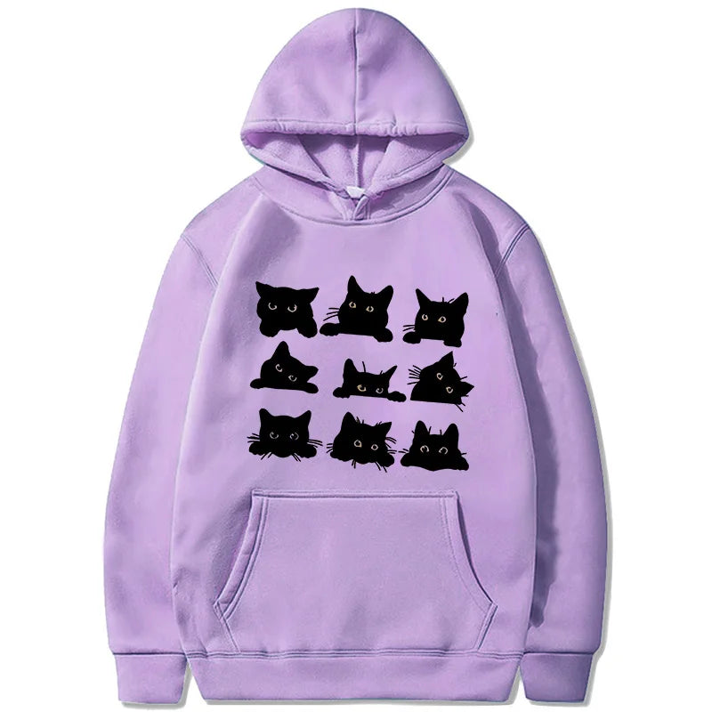 Women's Cute Black Kitty Hoodie - Kawaii Cat Print Sweatshirt