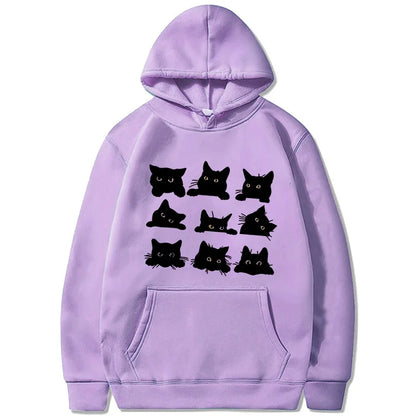Women's Cute Black Kitty Hoodie - Kawaii Cat Print Sweatshirt