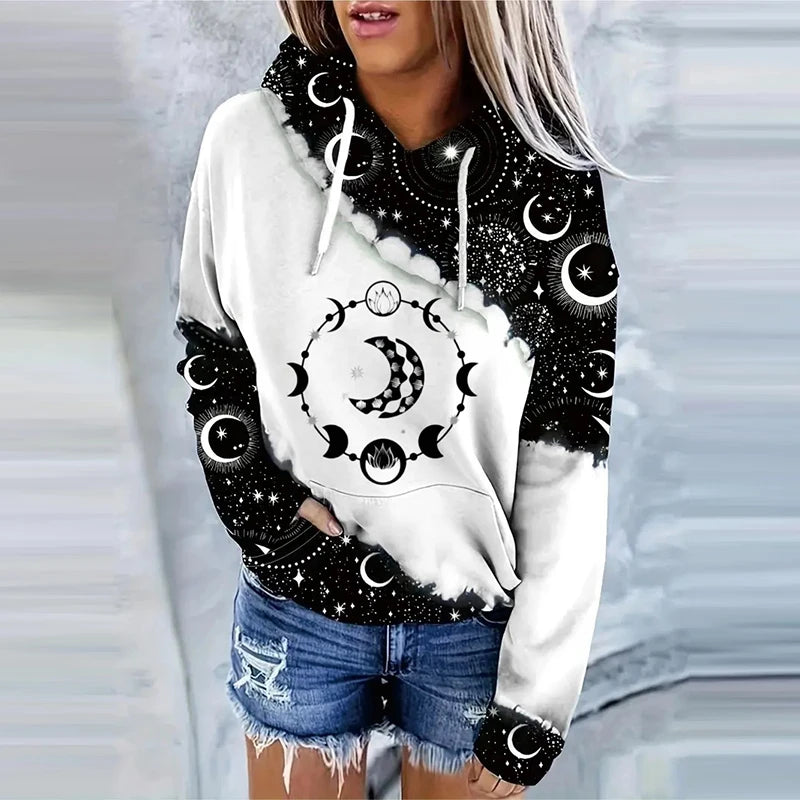 Women's Moon Print Drawstring Hoodie - Casual Long Sleeve Sweatshirt