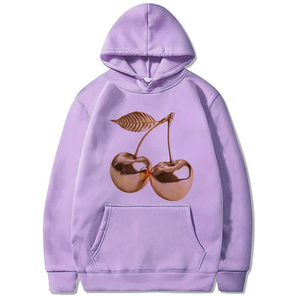 Women's Golden Cherry Print Hoodie - Vintage 90s Sweatshirt