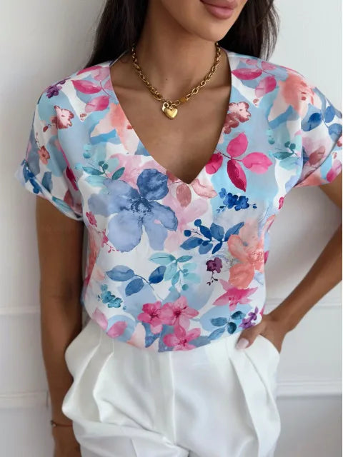 Women's Floral Print V-Neck T-Shirt - Casual Short Sleeve Top