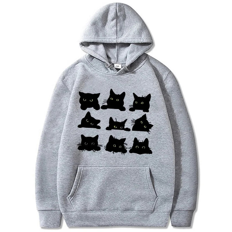 Women's Cute Black Kitty Hoodie - Kawaii Cat Print Sweatshirt
