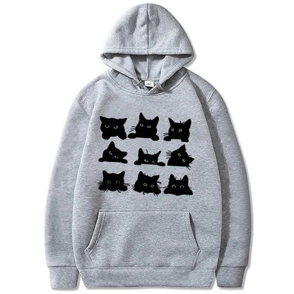 Women's Cute Black Kitty Hoodie - Kawaii Cat Print Sweatshirt