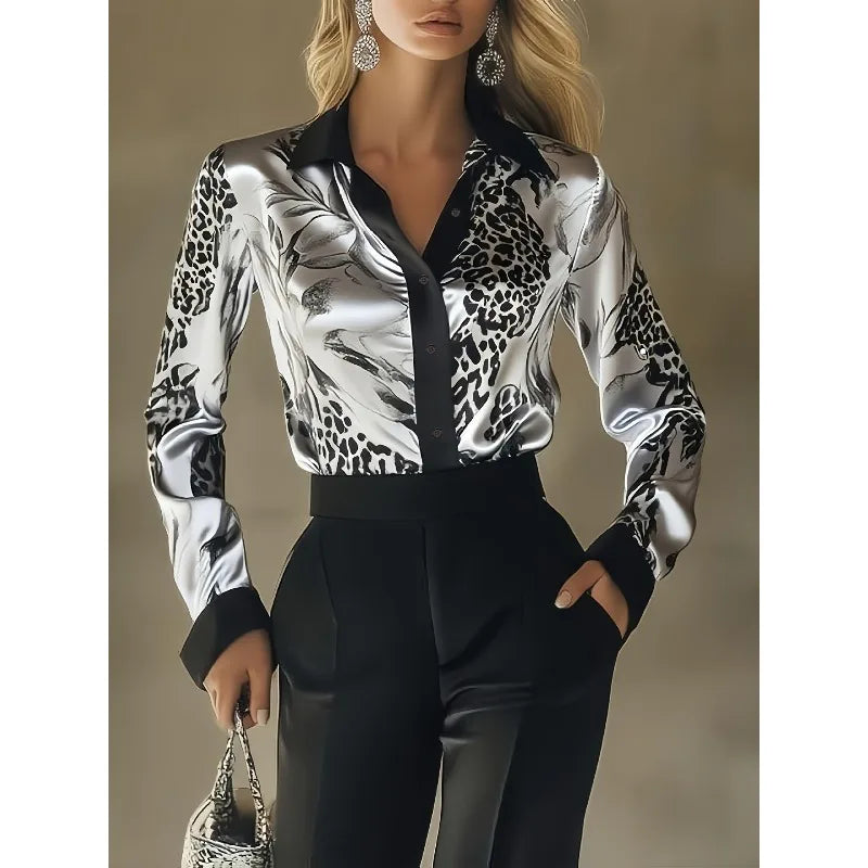 Women's Satin Leopard Print Shirt - Long Sleeve Office Blouse