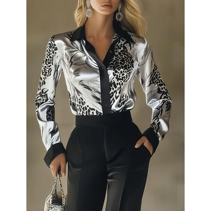 Women's Satin Leopard Print Shirt - Long Sleeve Office Blouse
