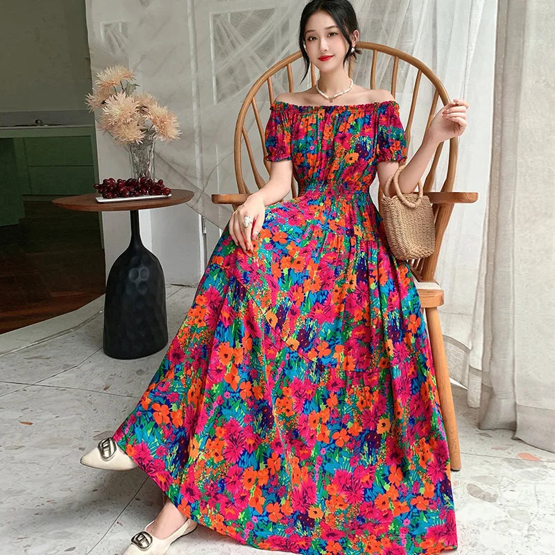 Bohemian Long Dress Summer Fashion One-Shoulder Floral Cotton Silk Elastic Waist Beach Skirt Vintage Ethnic Style Short Sleeve