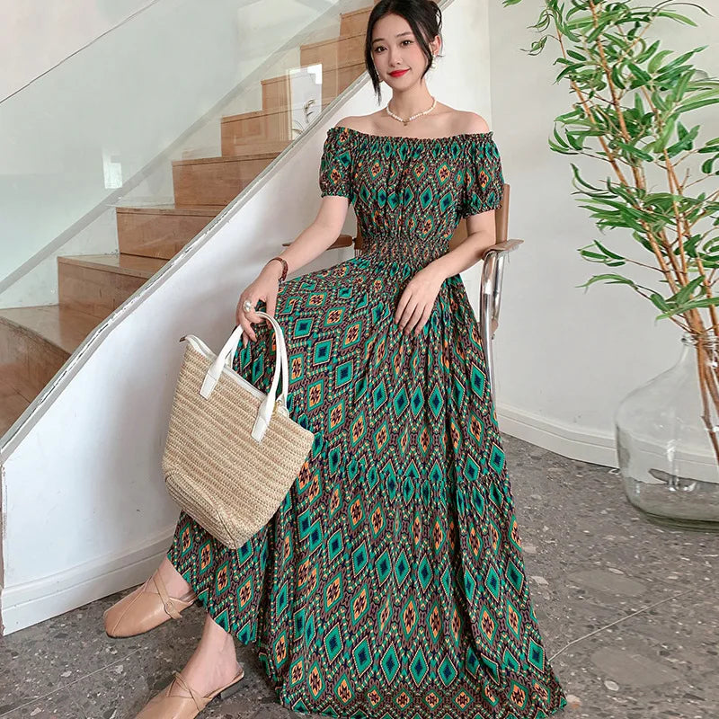 Bohemian Long Dress Summer Fashion One-Shoulder Floral Cotton Silk Elastic Waist Beach Skirt Vintage Ethnic Style Short Sleeve