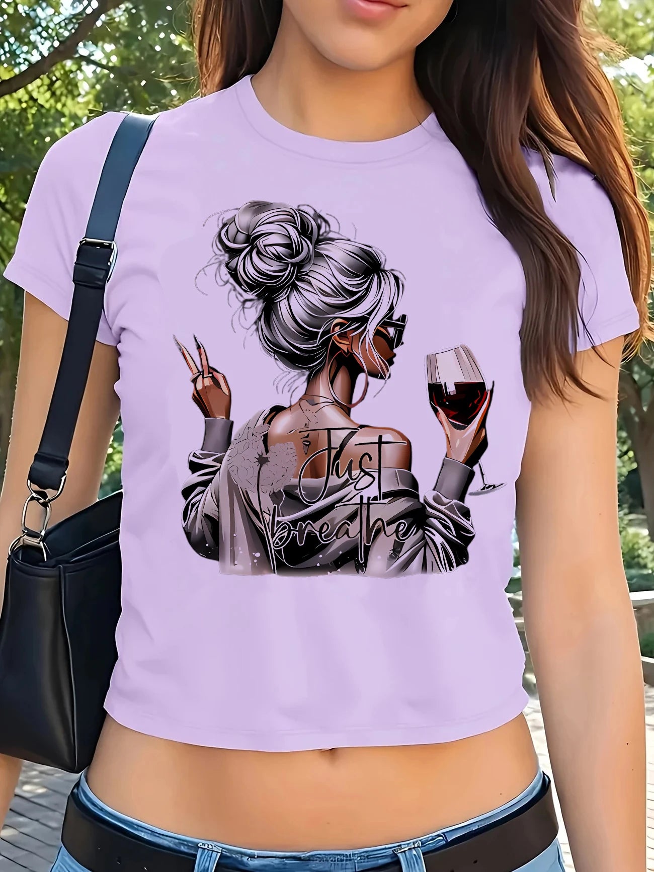 Women's Artistic Wine Print Crop Top - Chic Short Sleeve T-Shirt