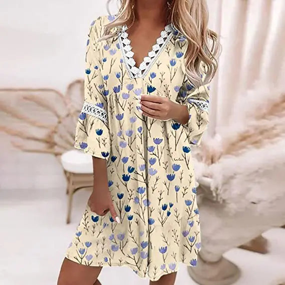 Canwedance New Boho Dress V Neck Printing Lace Midi Dress Floral Romantic Loose Fit Vestidos Hollow Out Chic Vacation Dress