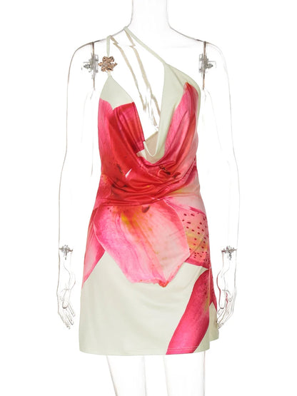 Women's One-Shoulder Printed Mini Dress - Beach Vacation High Waist Dress