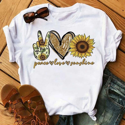 Women's Sunflower & Dragonfly Print T-Shirt - Oversized Summer Top