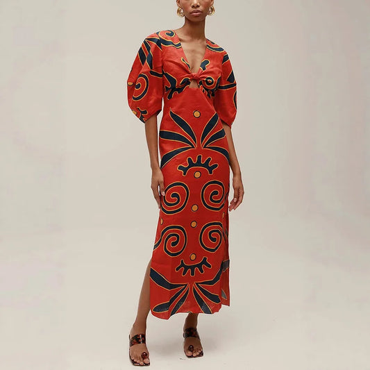 Women's Linen V-Neck Maxi Dress - Printed High Waist Party Dress