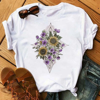 Women's Sunflower & Dragonfly Print T-Shirt - Oversized Summer Top