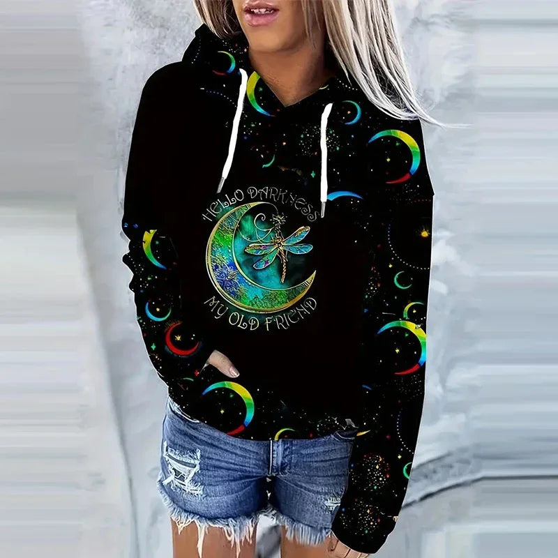 Women's Moon Print Drawstring Hoodie - Casual Long Sleeve Sweatshirt