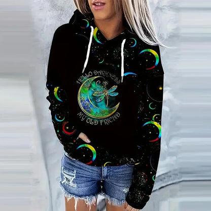 Women's Moon Print Drawstring Hoodie - Casual Long Sleeve Sweatshirt