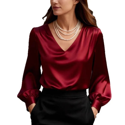 Women's V-Neck Puff Sleeve Satin Shirt - Loose Work Blouse