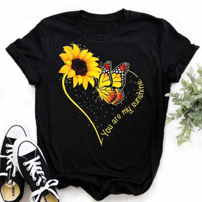 Women's Sunflower & Dragonfly Print T-Shirt - Oversized Summer Top