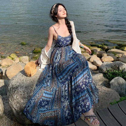 Women's Bohemian Embroidered Tank Dress - Ethnic Summer Maxi Dress