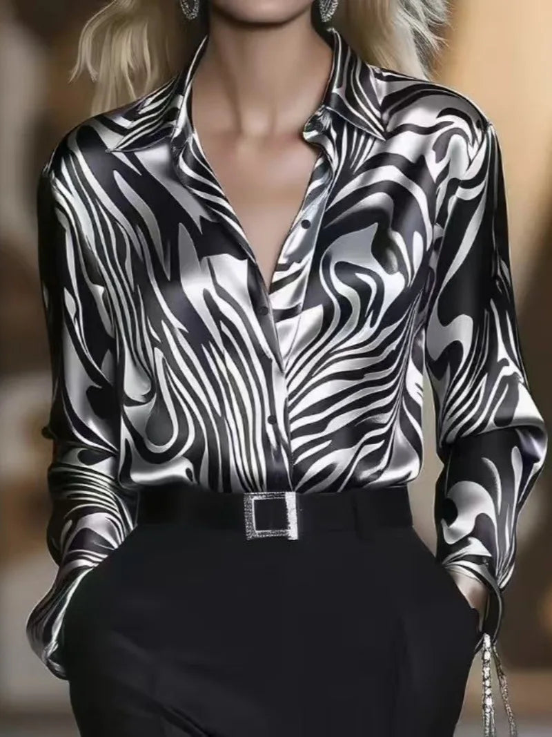 Women's Zebra Print Satin Shirt - Elegant Long Sleeve Office Blouse
