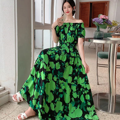 Bohemian Long Dress Summer Fashion One-Shoulder Floral Cotton Silk Elastic Waist Beach Skirt Vintage Ethnic Style Short Sleeve