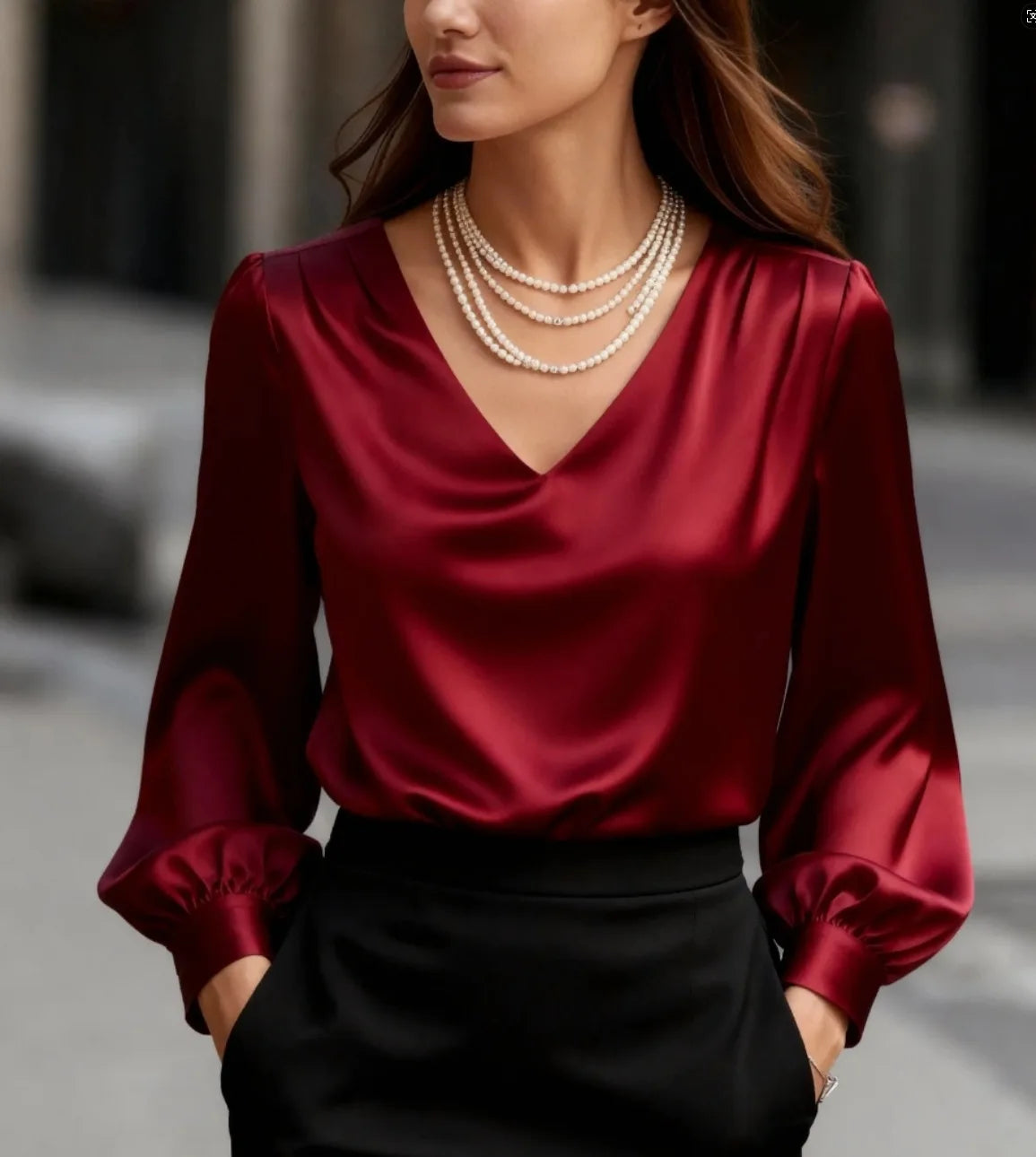 Women's V-Neck Puff Sleeve Satin Shirt - Loose Work Blouse