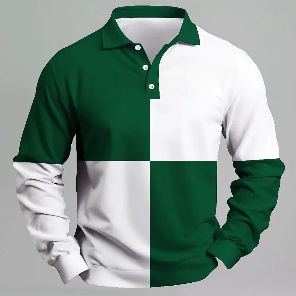 Men Color Block Long Sleeve Polo Shirt