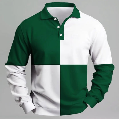 Men Color Block Long Sleeve Polo Shirt