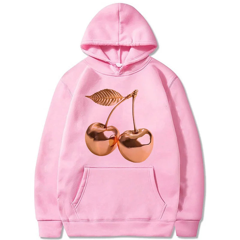 Women's Golden Cherry Print Hoodie - Vintage 90s Sweatshirt