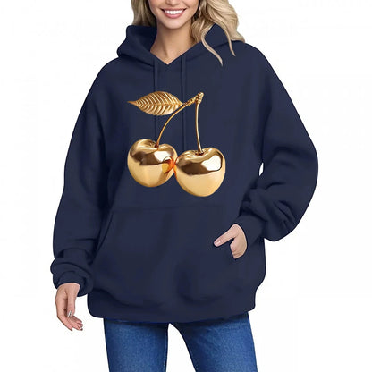 Women's Golden Cherry Print Hoodie - Vintage 90s Sweatshirt