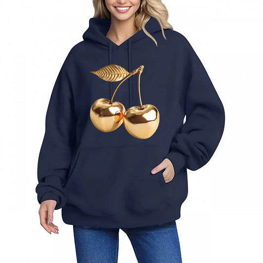 Women's Golden Cherry Print Hoodie - Vintage 90s Sweatshirt