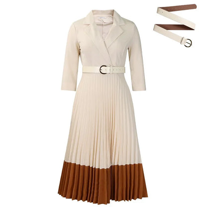 Women's Pleated Midi Dress - High Waist Belt Office Dress