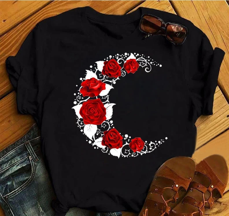 Women's 3D Rose Print T-Shirt - Casual Summer Cotton Top