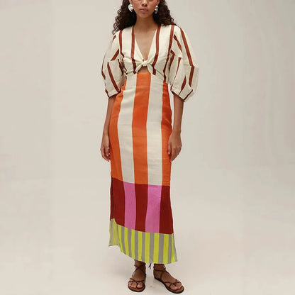 Women's Linen V-Neck Maxi Dress - Printed High Waist Party Dress