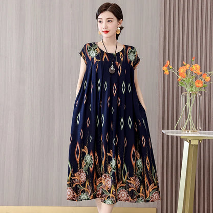 Women's Plus Size Summer Dress - Loose O-Neck Cotton Print Dress