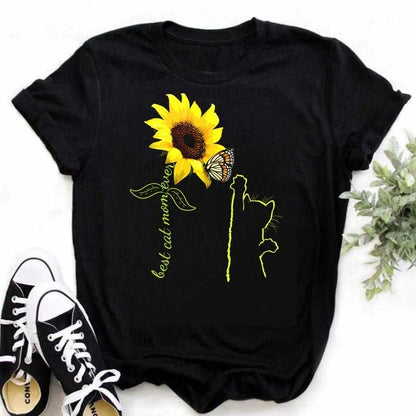 Women's Sunflower & Dragonfly Print T-Shirt - Oversized Summer Top