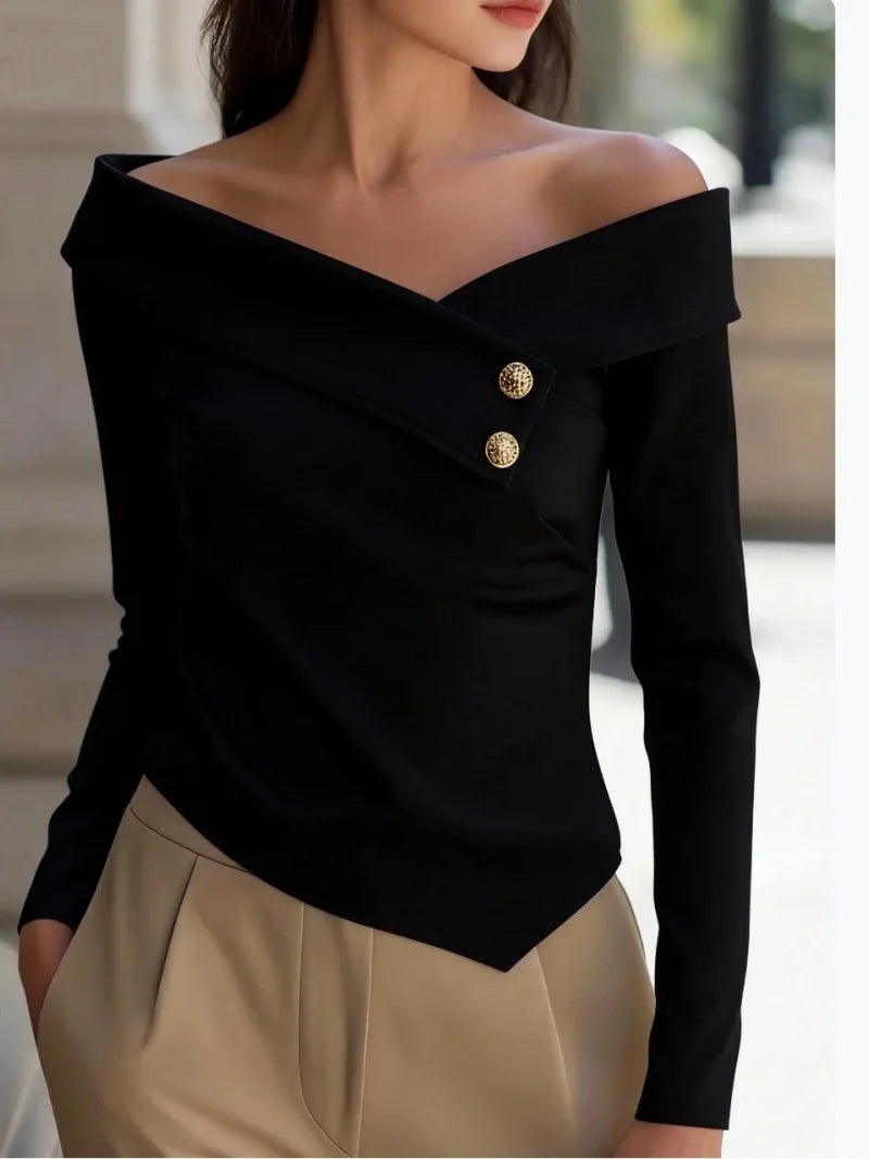 Women's Off-Shoulder Asymmetric Blouse - Slim Fit Long Sleeve Top