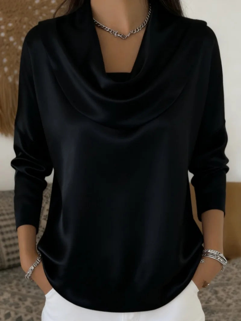 Women's Satin Swing Collar Shirt - Versatile Long Sleeve Blouse