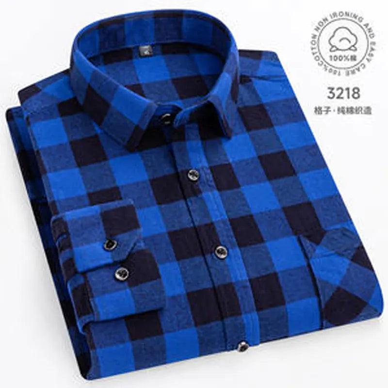 Men 100% Cotton Long Sleeve Plaid Shirt - Plus Size