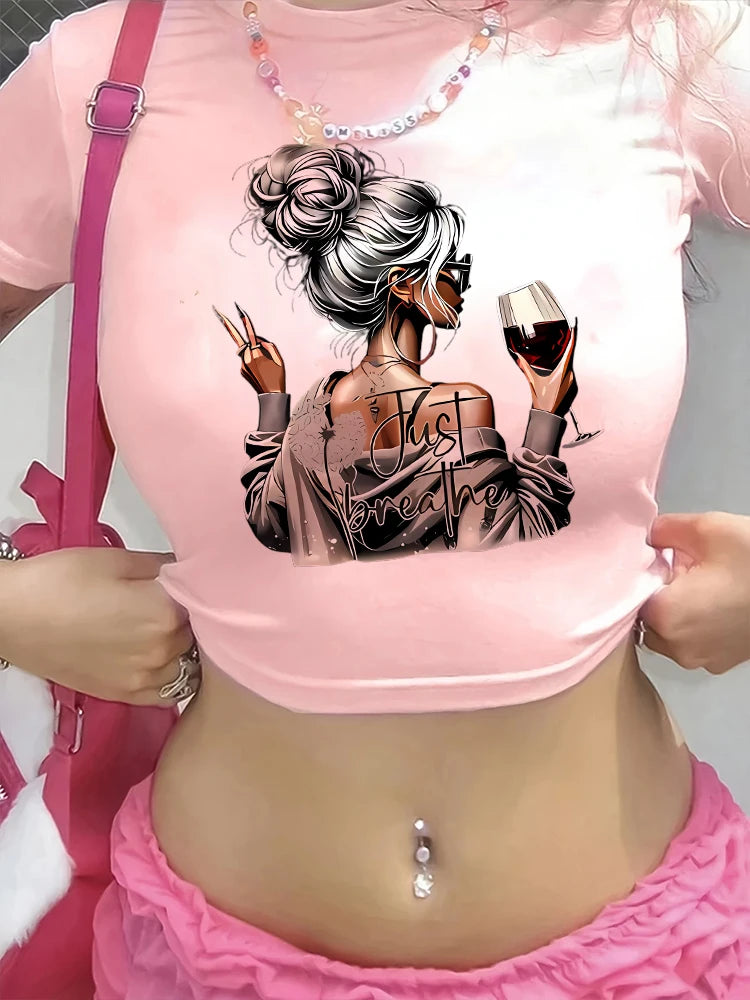 Women's Artistic Wine Print Crop Top - Chic Short Sleeve T-Shirt