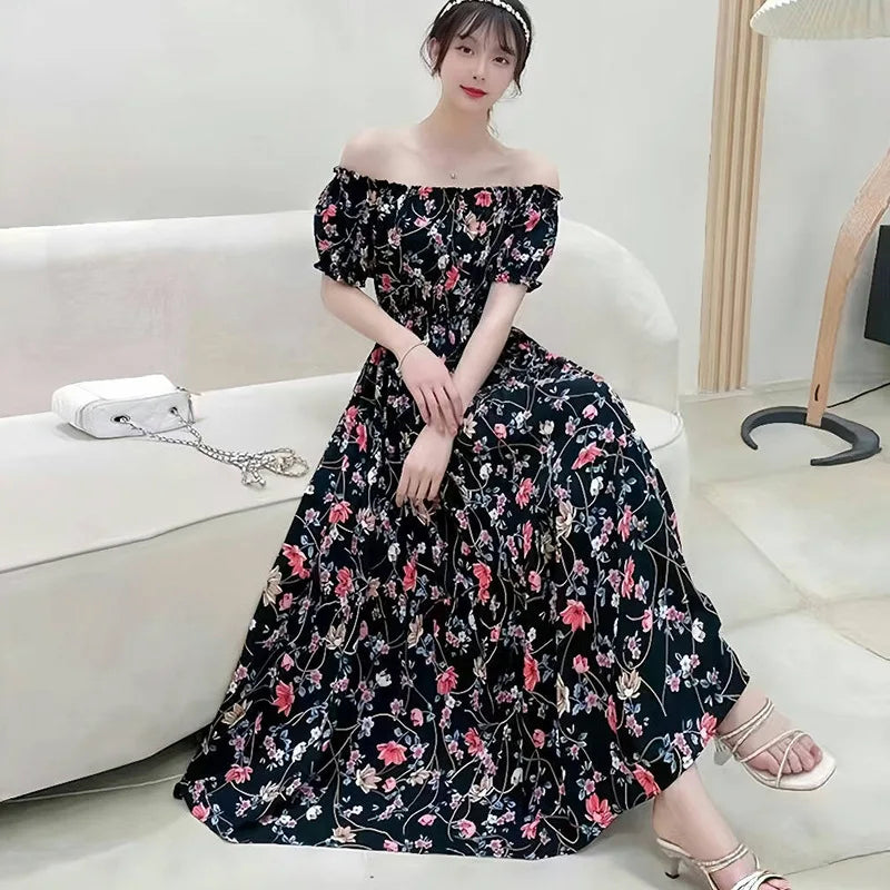 Bohemian Long Dress Summer Fashion One-Shoulder Floral Cotton Silk Elastic Waist Beach Skirt Vintage Ethnic Style Short Sleeve